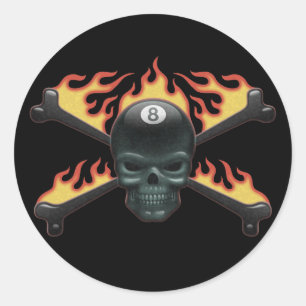 Flaming 8 Skull Classic Round Sticker