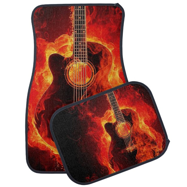Flaming Acoustic Guitar Printed Car Floor Mat (Set)