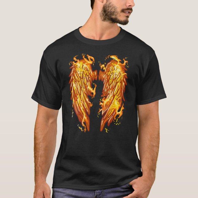 Flaming Angel Wings On Back Fire Feathers T-Shirt (Front)