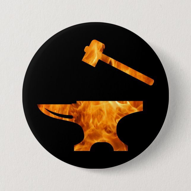 Flaming Anvil & Hammer Blacksmith Metalworking Button (Front)