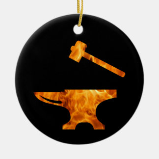 Flaming Anvil & Hammer Blacksmith Metalworking Ceramic Ornament