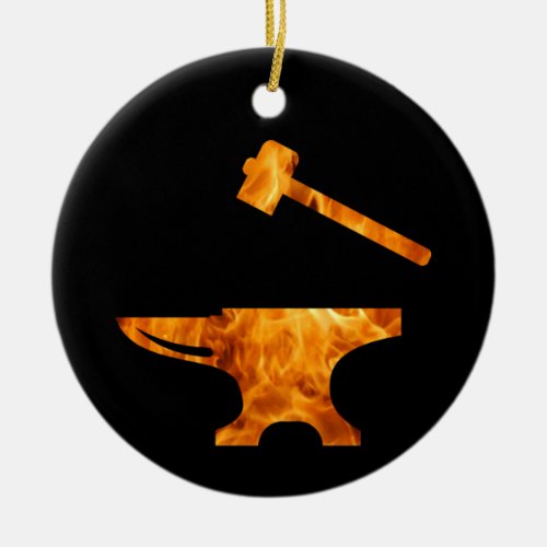Flaming Anvil  Hammer Blacksmith Metalworking Ceramic Ornament