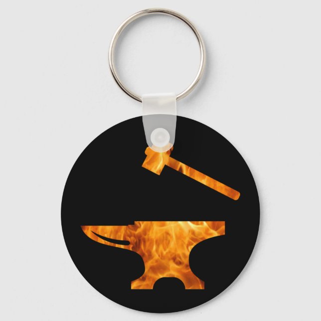 Flaming Anvil & Hammer Blacksmith Metalworking Keychain (Front)