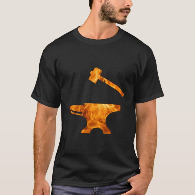 Flaming Anvil Hammer Blacksmith Metalworking T-Shirt (Front)