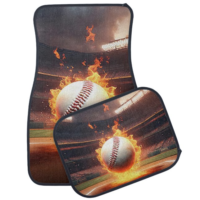 Flaming Baseball In Stadium Car Floor Mat (Set)