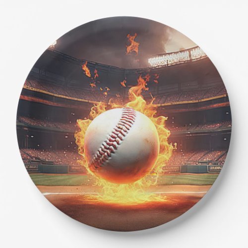 Flaming Baseball In Stadium Paper Plates