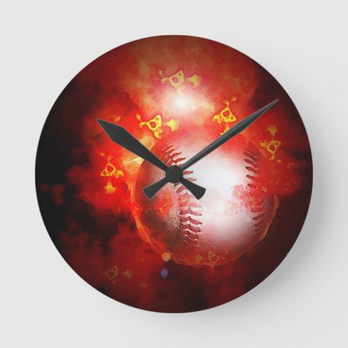 Flaming Baseball Round Clock