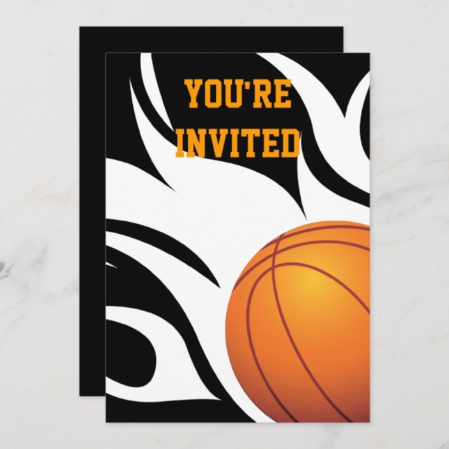 Flaming Basketball Birthday B/W Party Invitation (Front/Back)