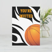 Flaming Basketball Birthday B/W Party Invitation (Standing Front)
