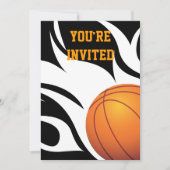 Flaming Basketball Birthday B/W Party Invitation (Front)