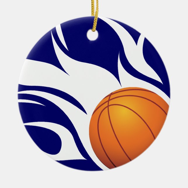 Flaming Basketball Blue and White Ceramic Ornament (Front)