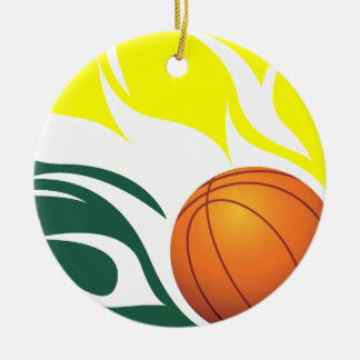 Flaming Basketball Green and Yellow Ceramic Ornament