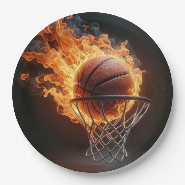 Flaming Basketball In the Hoop Paper Plates (Front)