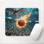 Flaming Basketball In the Net Mouse Pad<br><div class="desc">A basketball is captured mid-action as it descends through a hoop,  surrounded by dynamic flames,  creating an electrifying scene as an enthusiastic crowd watches</div>