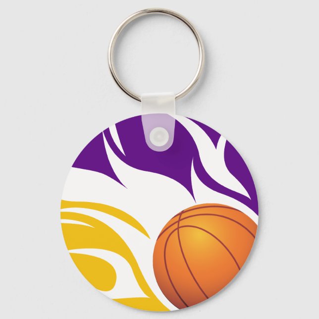 Flaming Basketball Purple and Gold Keychain (Front)