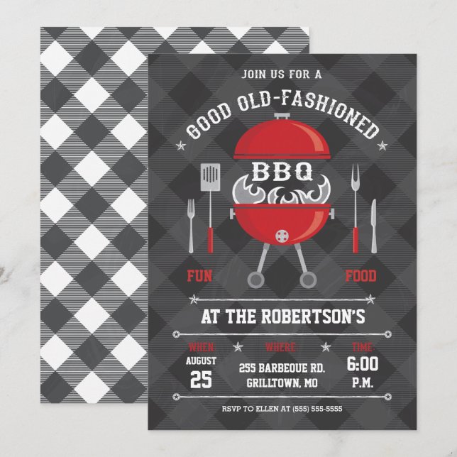 Flaming BBQ Grill Invitation, Chalkboard / Gingham Invitation (Front/Back)