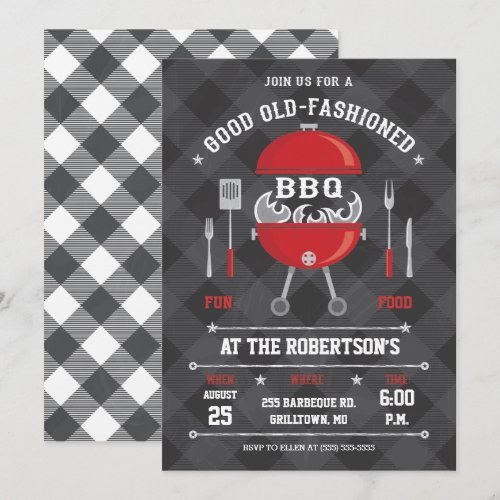 Flaming BBQ Grill Invitation, Chalkboard / Gingham