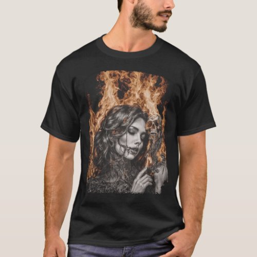 Flaming Beauty Skull Girl Illustration Collection T_Shirt