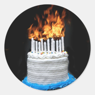 Flaming Birthday Cake Classic Round Sticker