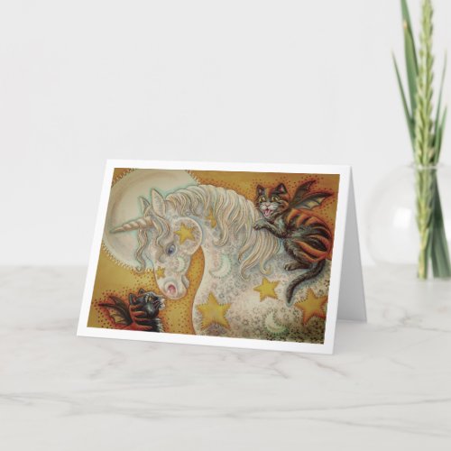 FLAMING BLACK CATS AND HALLOWEEN UNICORN Blank Holiday Card