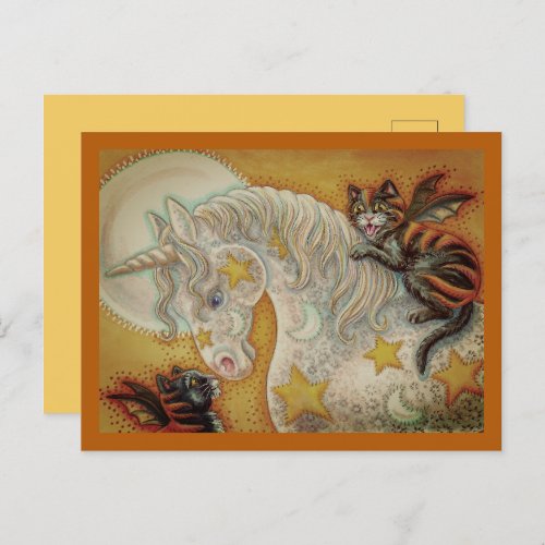 FLAMING BLACK CATS WITH HALLOWEEN UNICORN Colorful Holiday Postcard