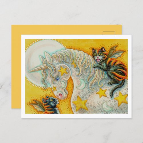 FLAMING BLACK CATS WITH HALLOWEEN UNICORN Colorful Holiday Postcard