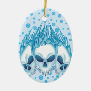 Flaming Blue Skulls Ceramic Ornament