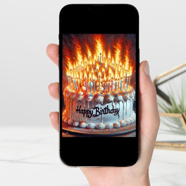 Flaming Candles On A Birthday Cake Card (Front Digital)