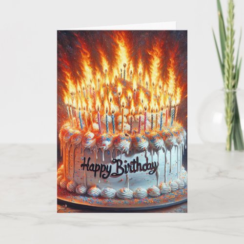 Flaming Candles On A Birthday Cake Card