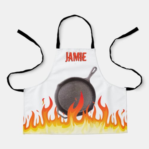 Flaming cast iron skillet frying pan personalized apron