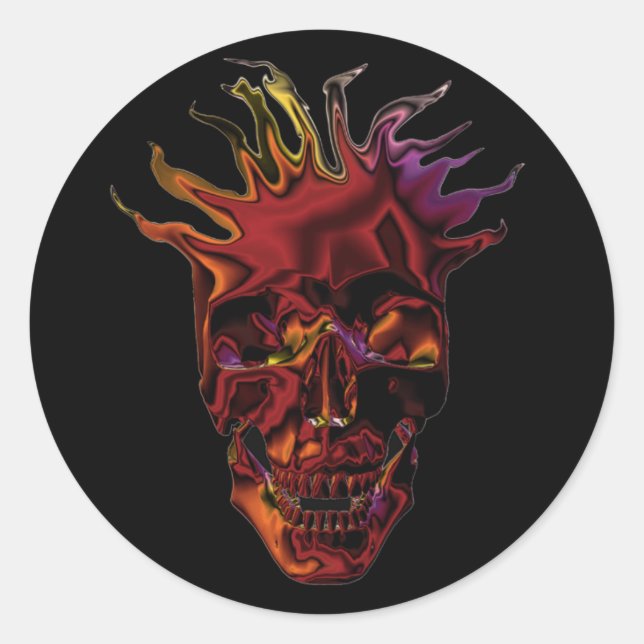 flaming chrome skull classic round sticker (Front)