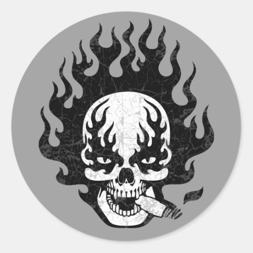 Flaming Cigar Skull _bw Classic Round Sticker