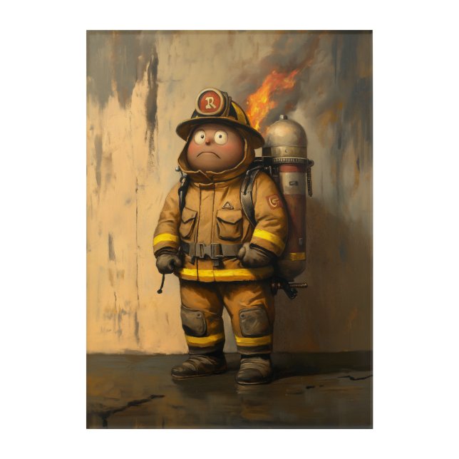 Flaming Concern: The Overwhelmed Firefighter Acrylic Print (Front)