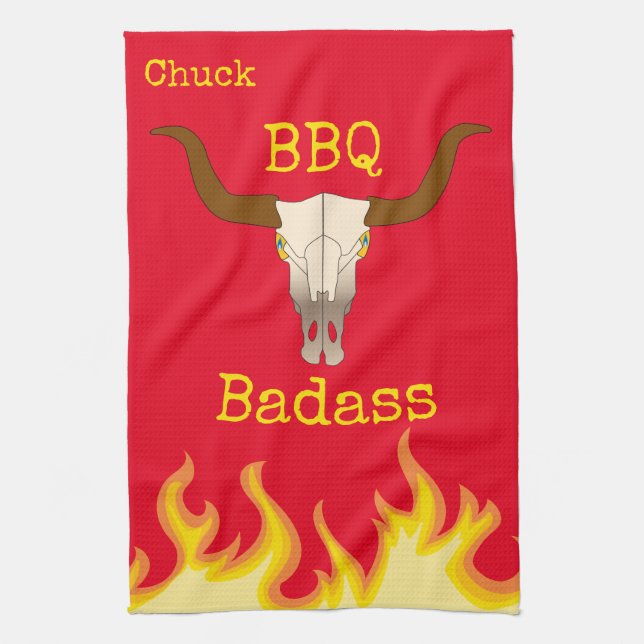 Flaming Cow Skull BBQ Badass Kitchen Towel (Vertical)