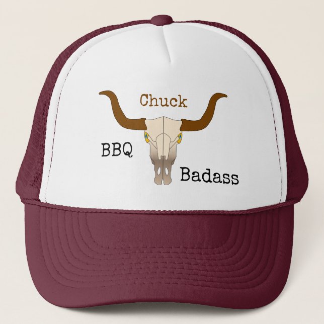Flaming Cow Skull BBQ Badass Trucker Hat (Front)