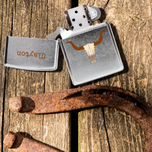 Flaming Cow Skull Custom Name Zippo Lighter