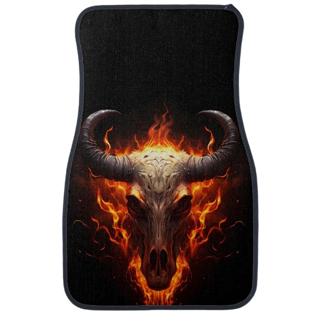Flaming Cow Skull Fire Cowboy Car Floor Mat (Front)