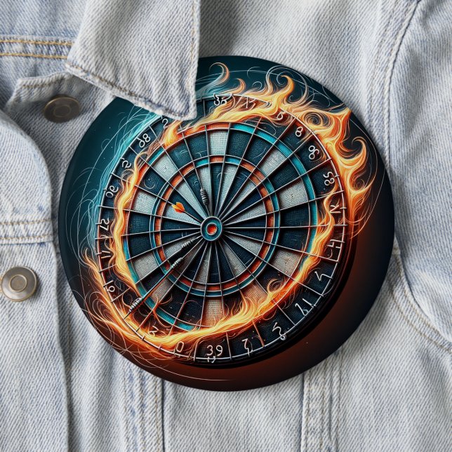 Flaming Dartboard – Circle of Fire Darts Art Button (In Situ)