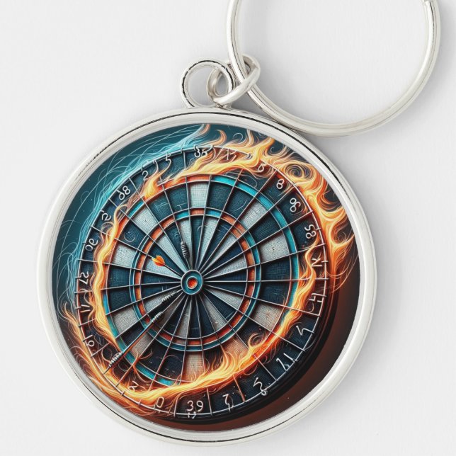 Flaming Dartboard – Circle of Fire Darts Art Keychain (Front)