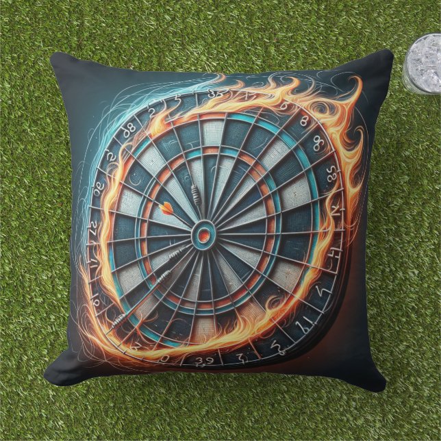 Flaming Dartboard – Circle of Fire Darts Art Outdoor Pillow (Grass)