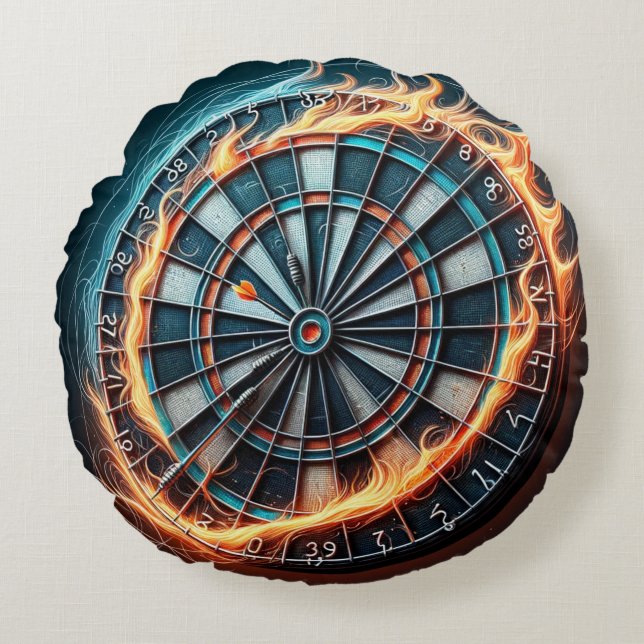 Flaming Dartboard – Circle of Fire Darts Art Round Pillow (Front)