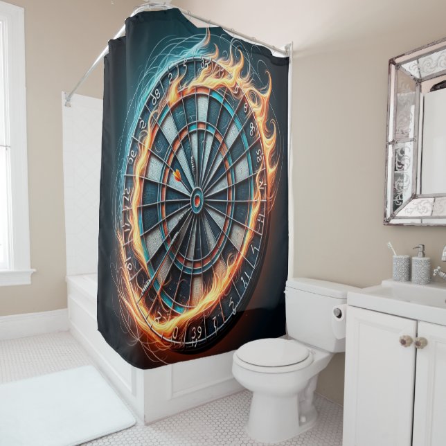 Flaming Dartboard – Circle of Fire Darts Art Shower Curtain (In Situ)