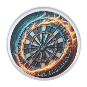 Flaming Dartboard – Circle of Fire Darts Art Silver Finish Lapel Pin