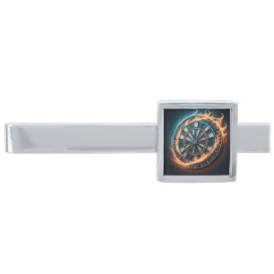 Flaming Dartboard – Circle of Fire Darts Art Silver Finish Tie Bar