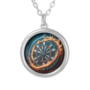 Flaming Dartboard – Circle of Fire Darts Art Silver Plated Necklace
