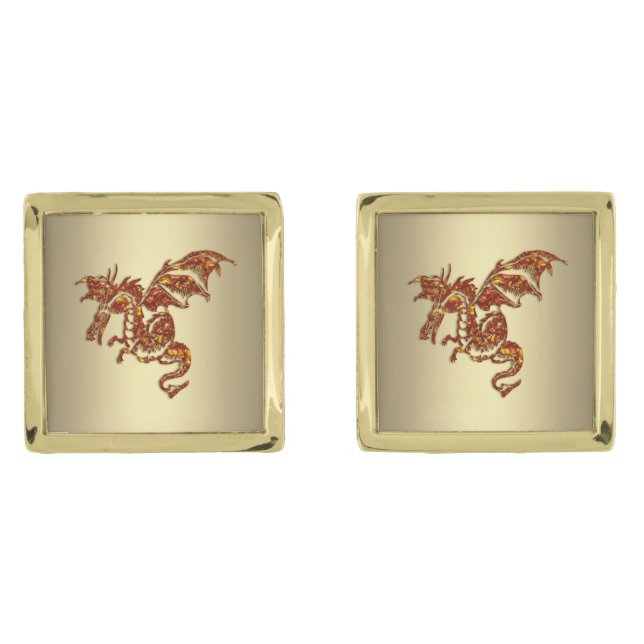 Flaming Dragon Gold Cufflinks (Front)