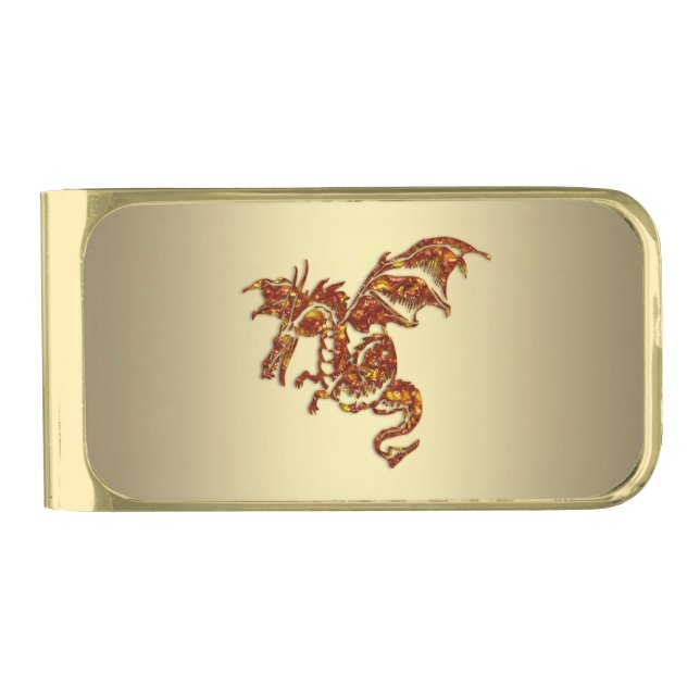 Flaming Dragon Gold Gold Finish Money Clip (Front)