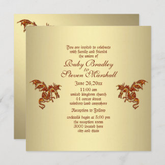 Flaming Dragon Golden Fantasy Wedding Theme Invitation