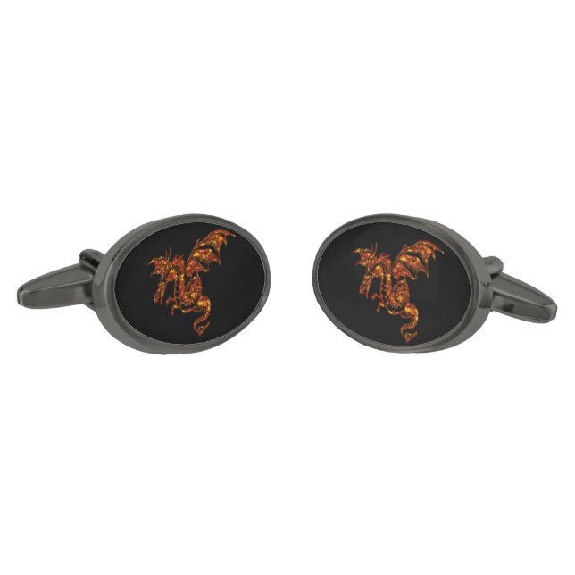 Flaming Dragon on Black Cufflinks (Angled)