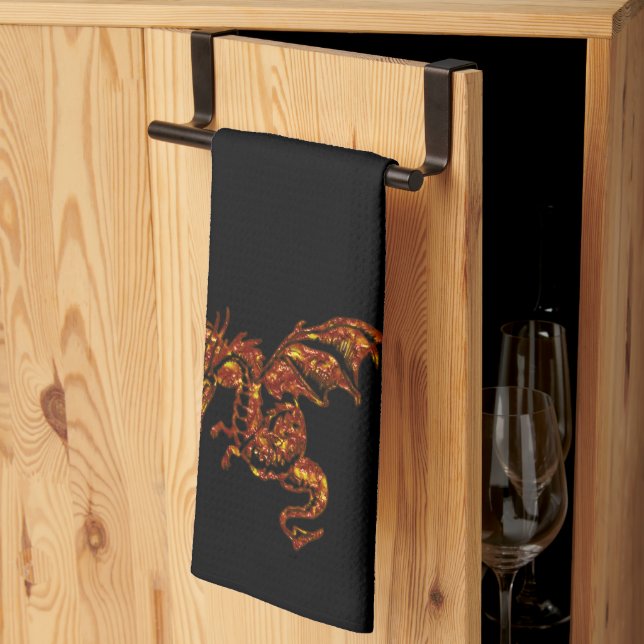 Flaming Dragon on Black Kitchen Towel (Thirds Fold)